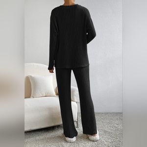 Ribbed V-Neck Long Sleeve Top and Pocketed Pants Set